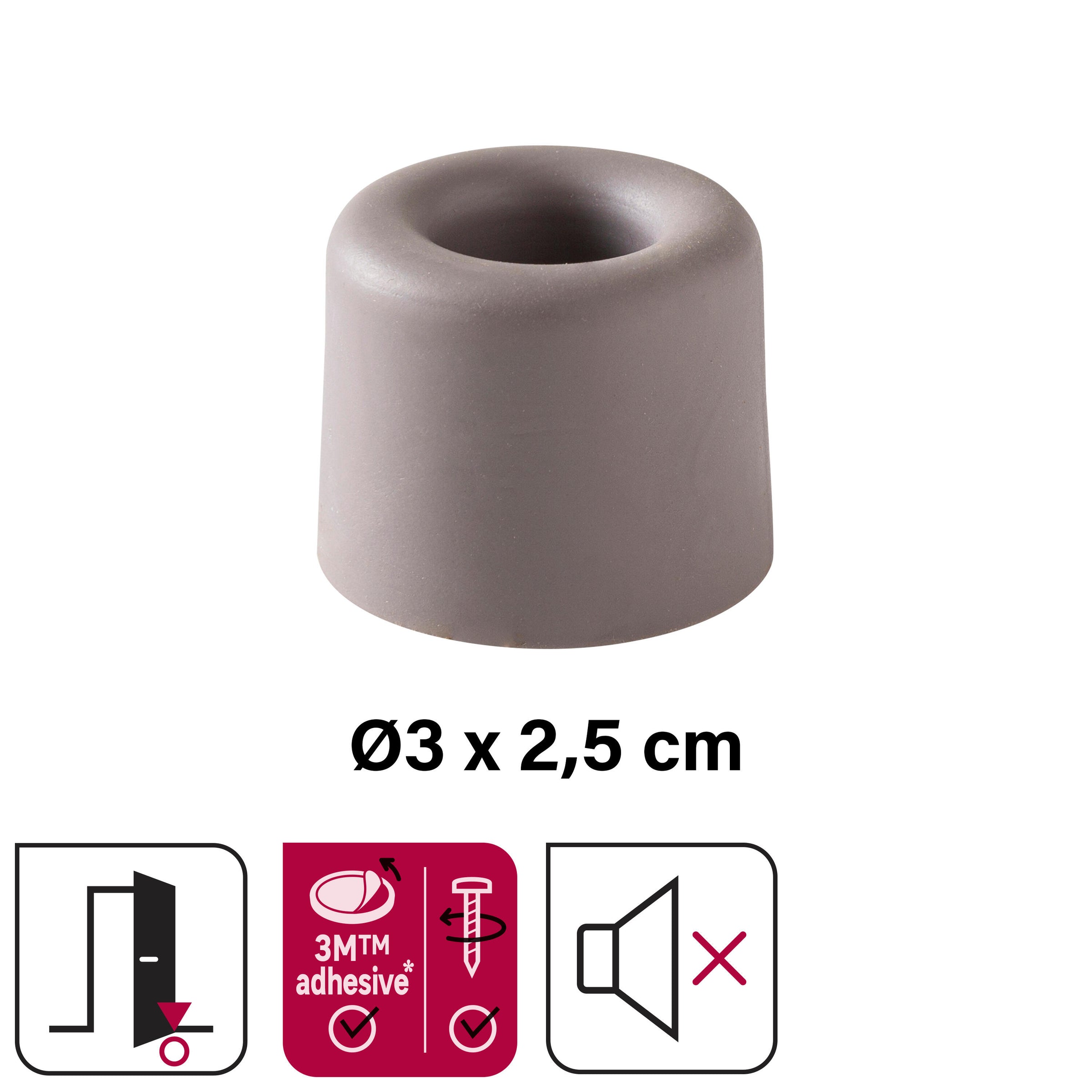VULCANISED RUBBER DOORSTOP WITH DOUBLE FASTENING GREY D 3 X H 2.5 CM
