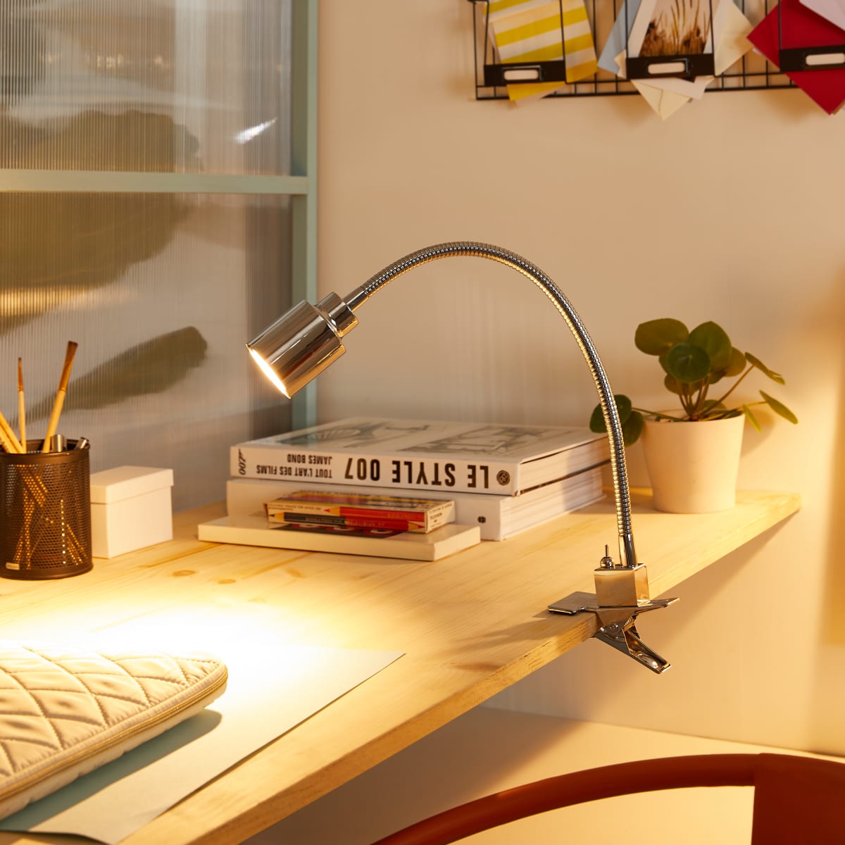 Tekla study lamp with clip, chrome metal, H37 cm, GU10=10W