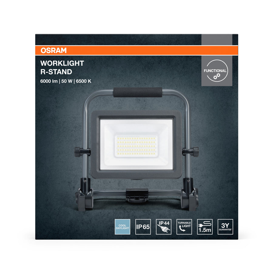 Portable 50W LED floodlight, grey aluminium, cool white light, IP65