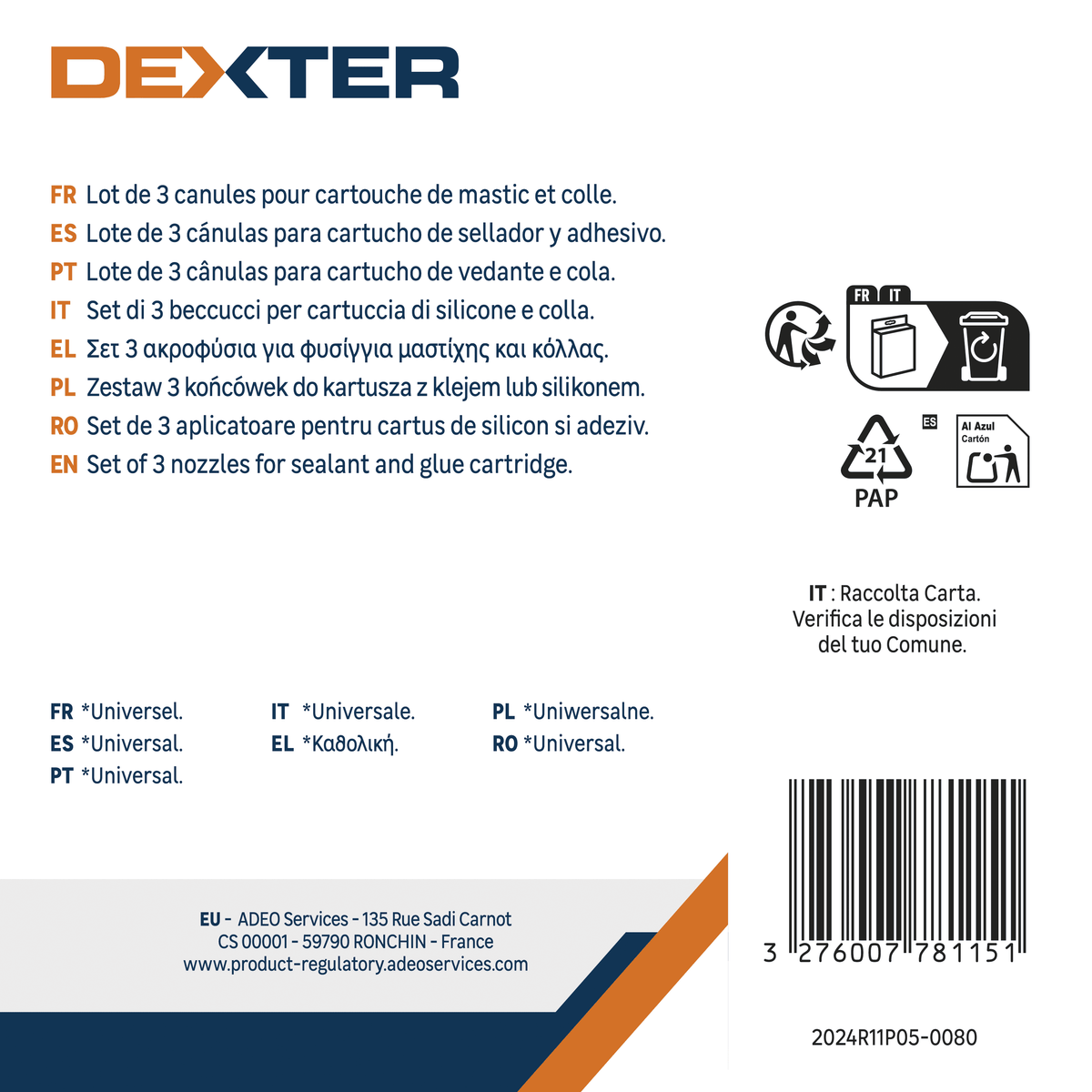 Set of 3 nozzles with caps for silicone cartridges and Dexter assembly adhesive