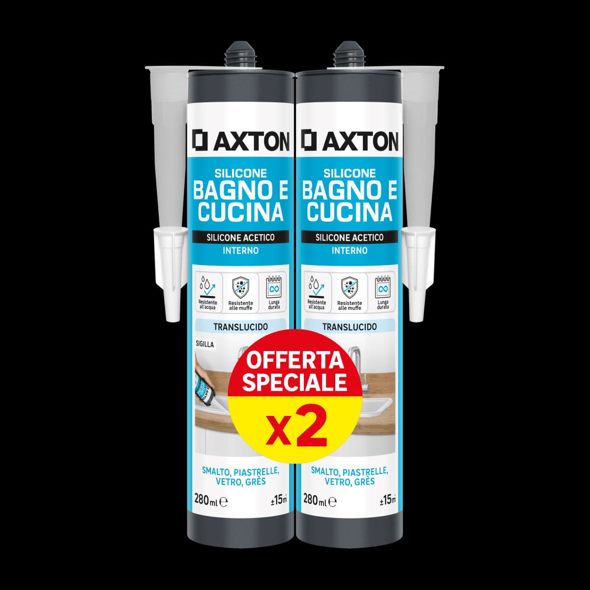 Bricocenter BI-PACK ACETIC SILICONE BATHROOMS AND KITCHENS TRANSPARENT AXTON 280 ML