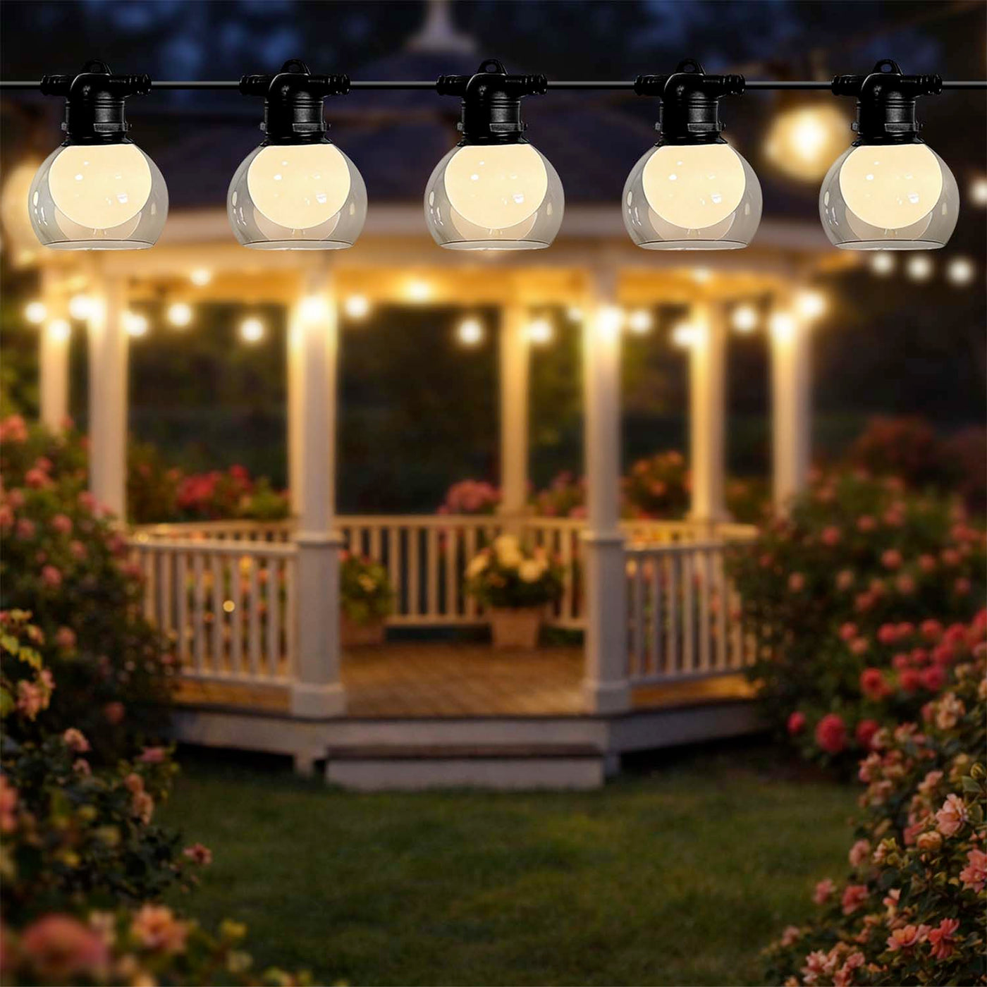 Serena string lights, black, with 10 E27 bulbs, IP44