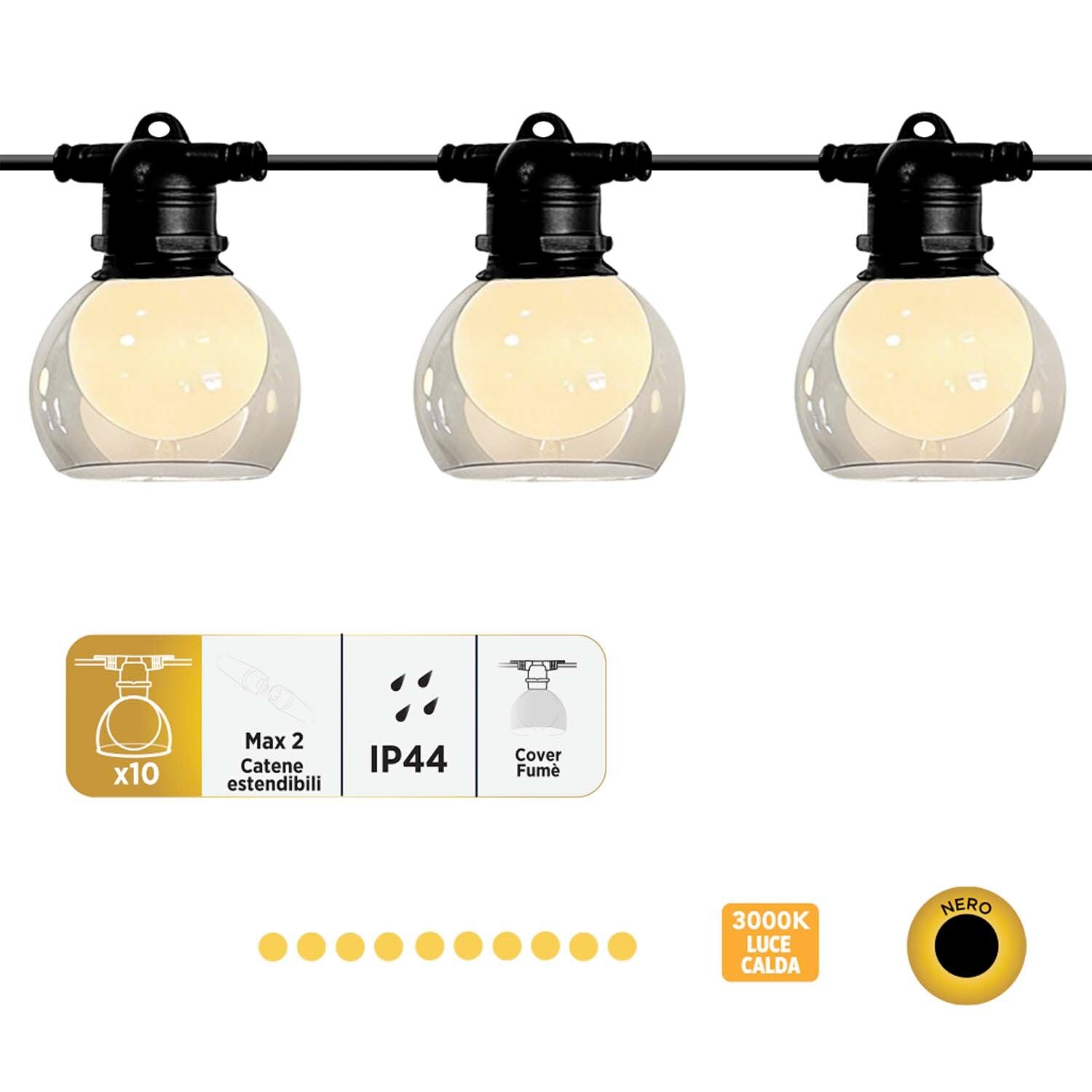 Serena string lights, black, with 10 E27 bulbs, IP44