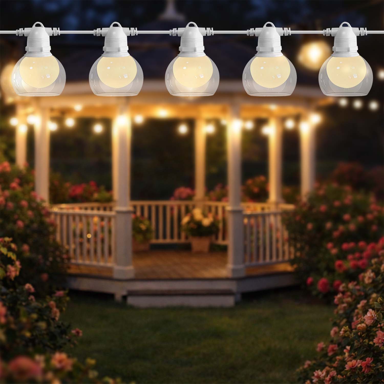 Serena string lights, white, with 10 E27 bulbs, IP44