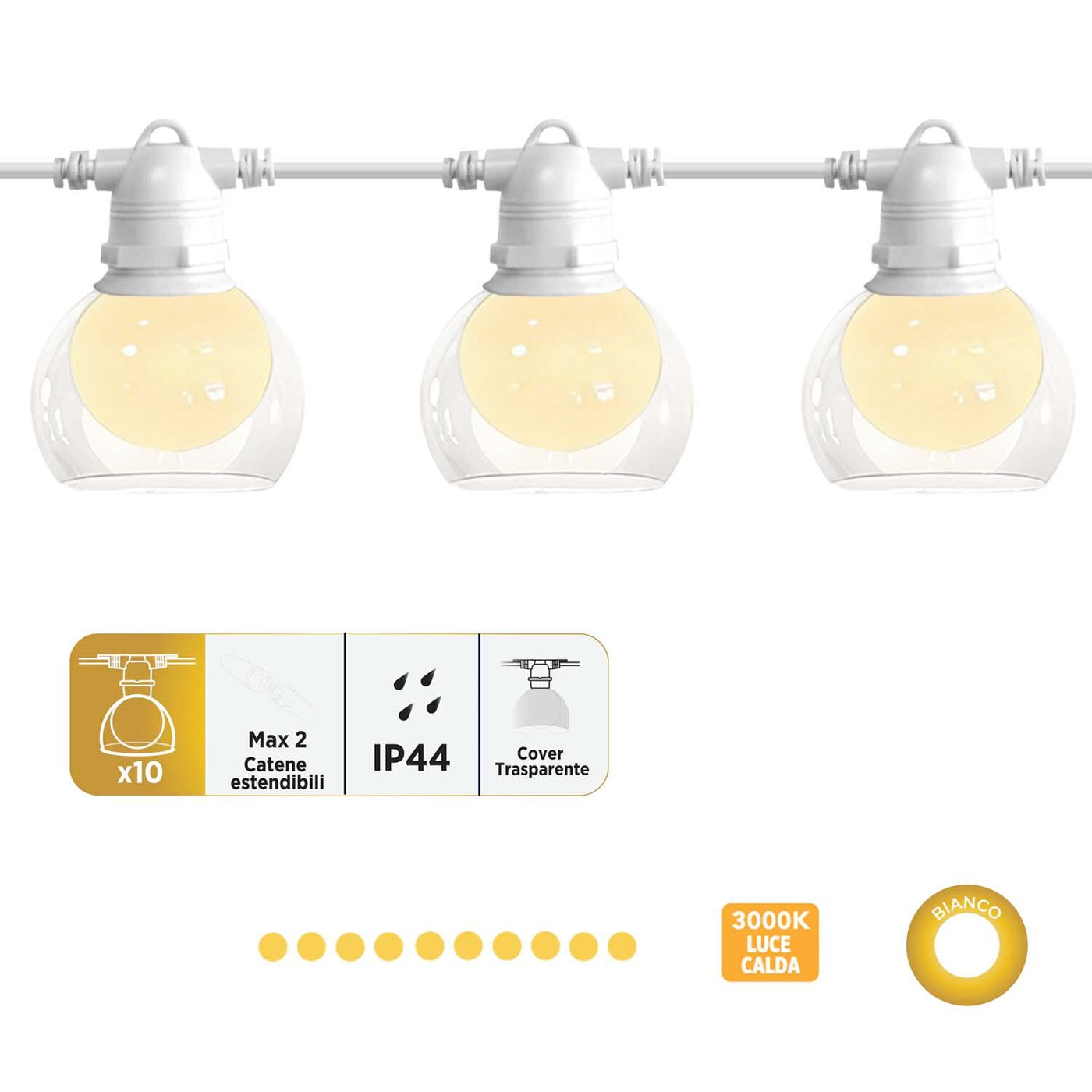 Serena string lights, white, with 10 E27 bulbs, IP44