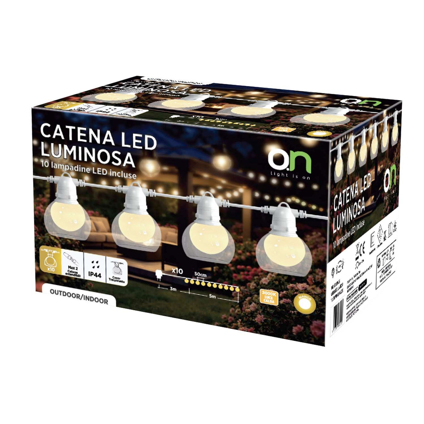 Serena string lights, white, with 10 E27 bulbs, IP44