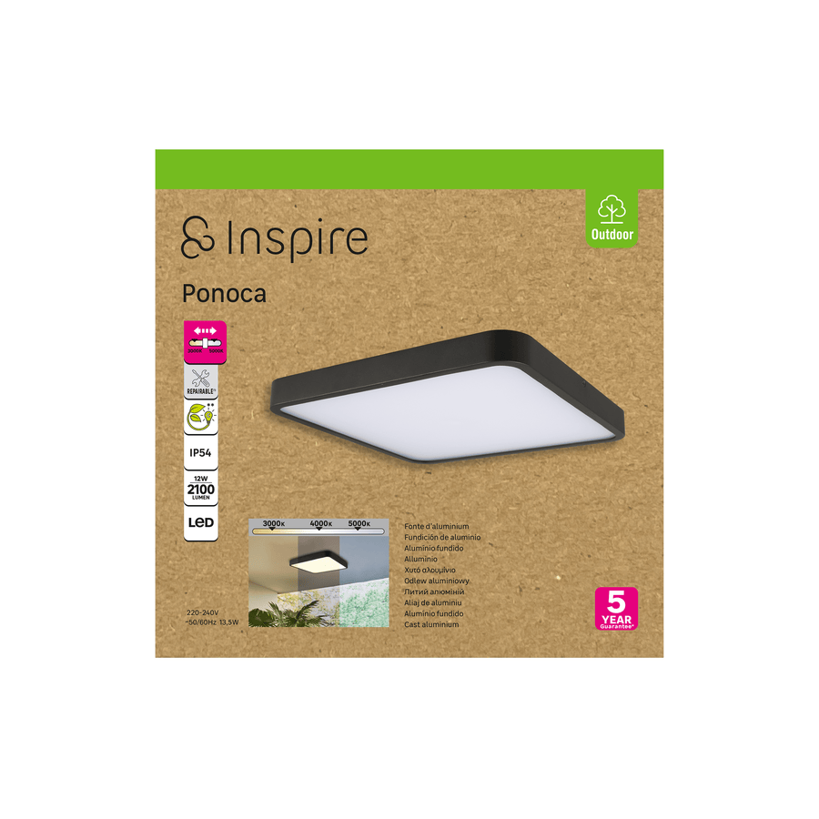 Ponoca aluminium ceiling lamp black 30x5x30cm led 1800lm natural light ip65