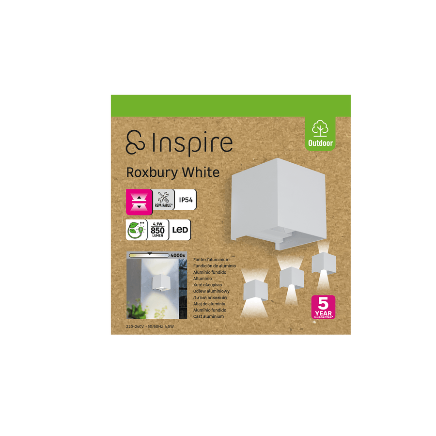 Roxbury wall light, white aluminium, 10x10x10 cm, LED 810 lm, natural light, up &amp; down, IP54