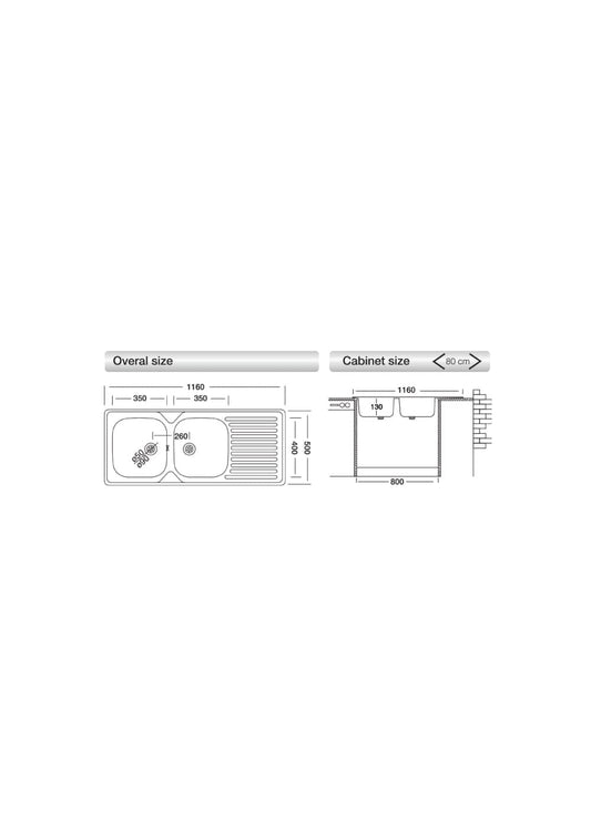 Bricocenter LAVELLO INCASSO L116x50P 2/V SX GOCCIOLATOIO DX + PILET.3,5 INOX