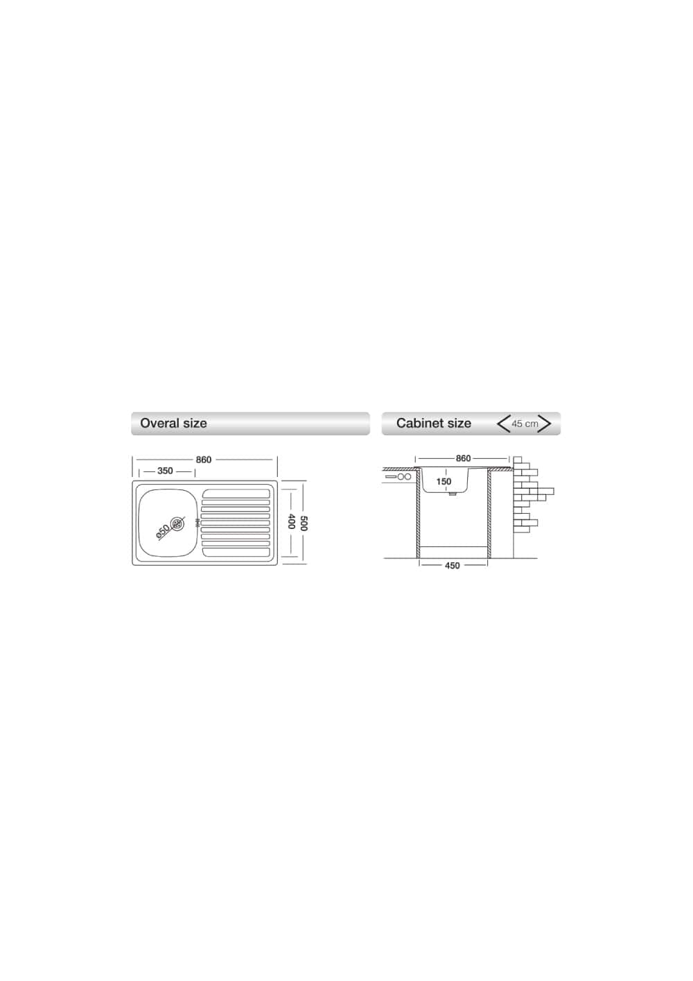 Bricocenter LAVELLO INCASSO L86x50P 1/V DX GOCCIOLATOIO SX + PILETTTA 3,5" E GANCI DI FISSAGGIO