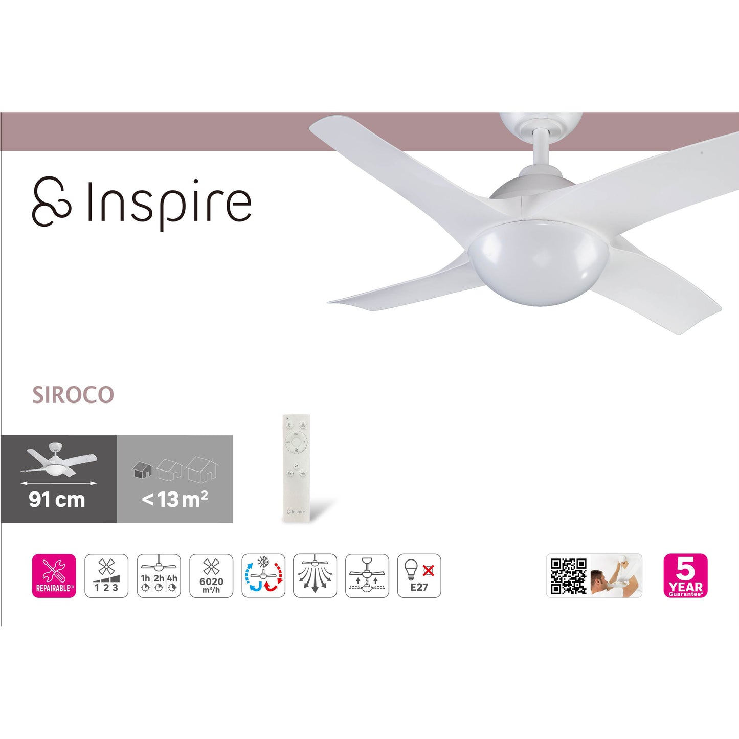 SIROCO CEILING FAN PLASTIC WHITE D91 CM E27=15W 3 BLADES