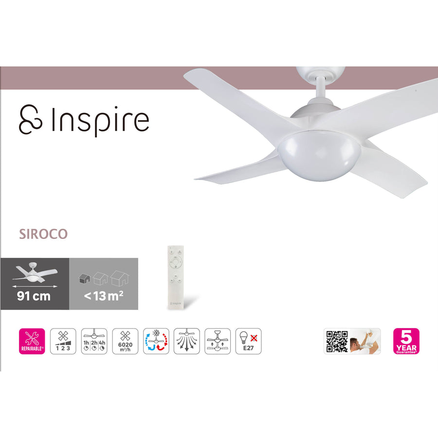 SIROCO CEILING FAN PLASTIC WHITE D91 CM E27=15W 3 BLADES