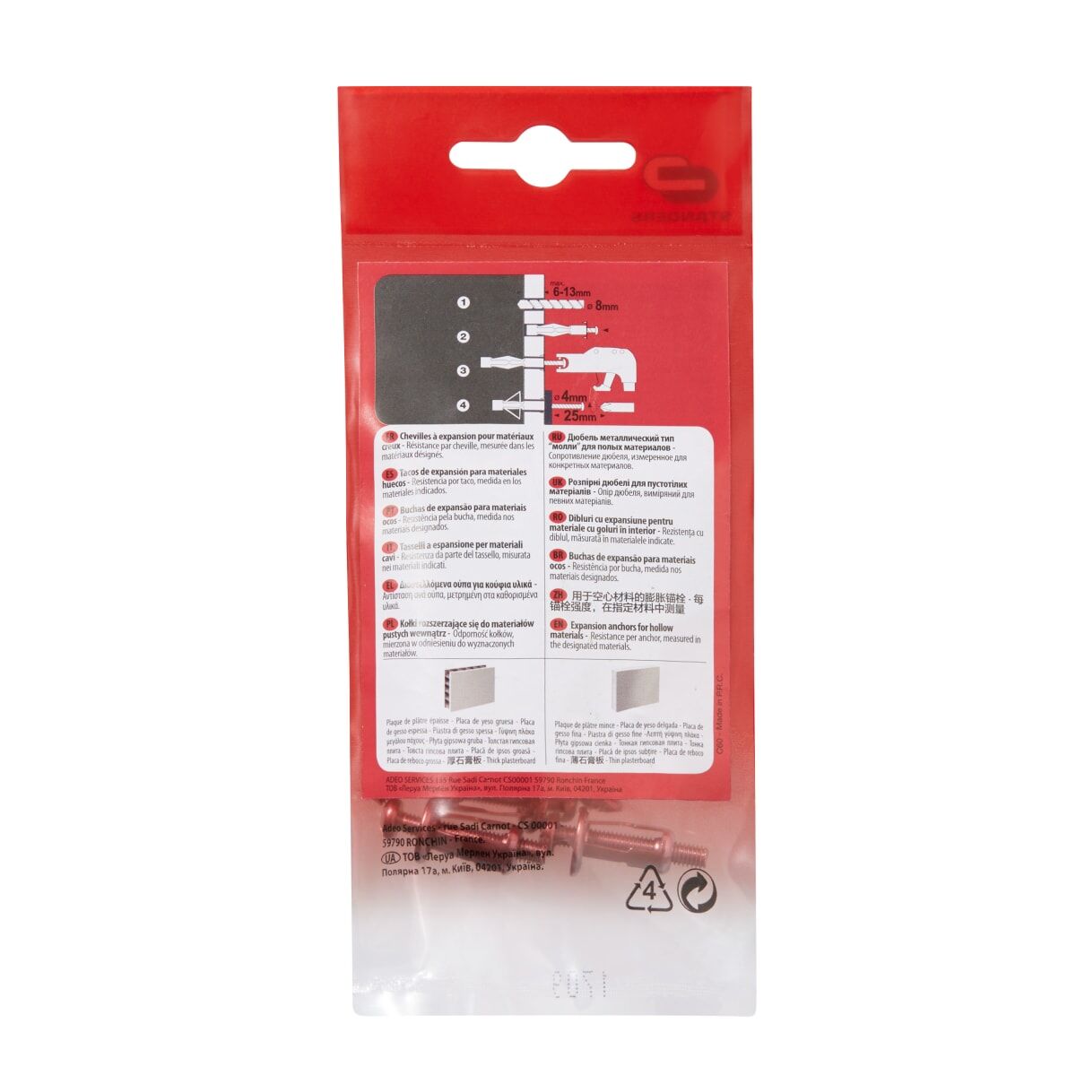 PLUGS WITH 8X16 MM SCREWS FOR PLASTERBOARD