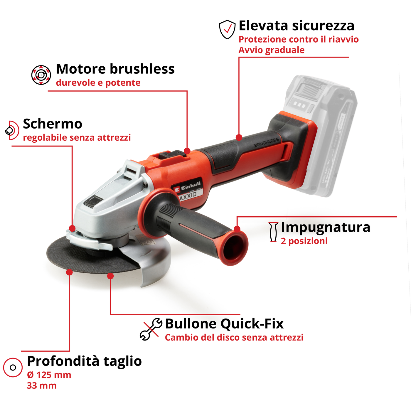 EINHELL BRUSHLESS ANGLE GRINDER 18V D125MM, WITHOUT BATTERY AND CHARGER
