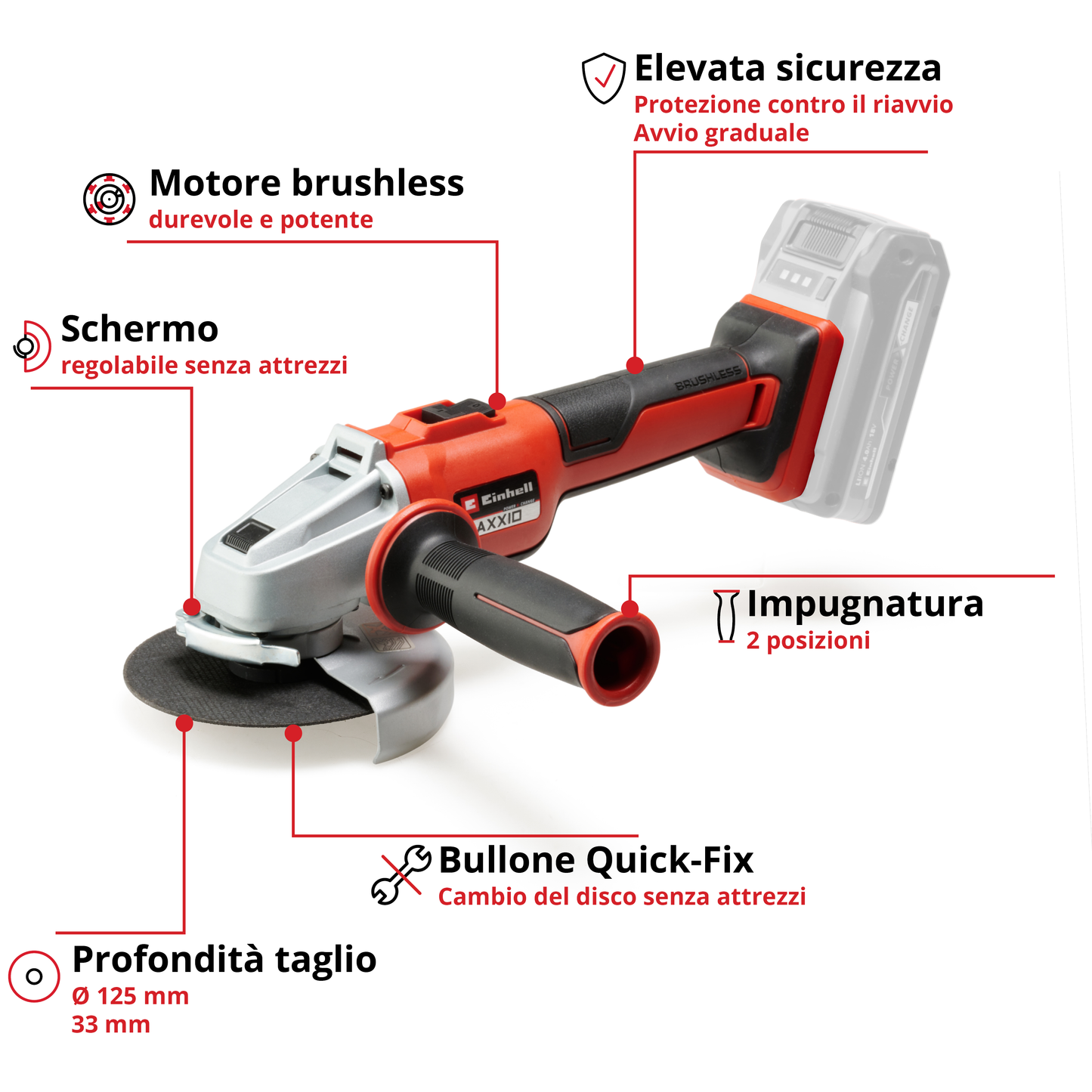 EINHELL BRUSHLESS ANGLE GRINDER 18V D125MM, WITHOUT BATTERY AND CHARGER