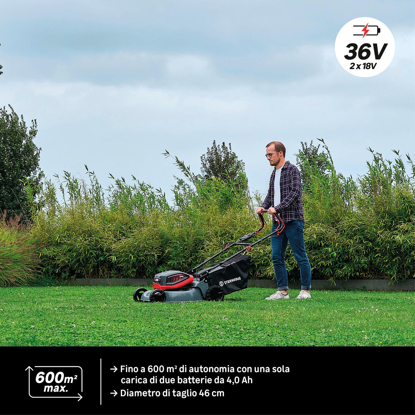 STERWINS 36V CORDLESS MOWER L 46 CM, 2 BATTERIES INCLUDED