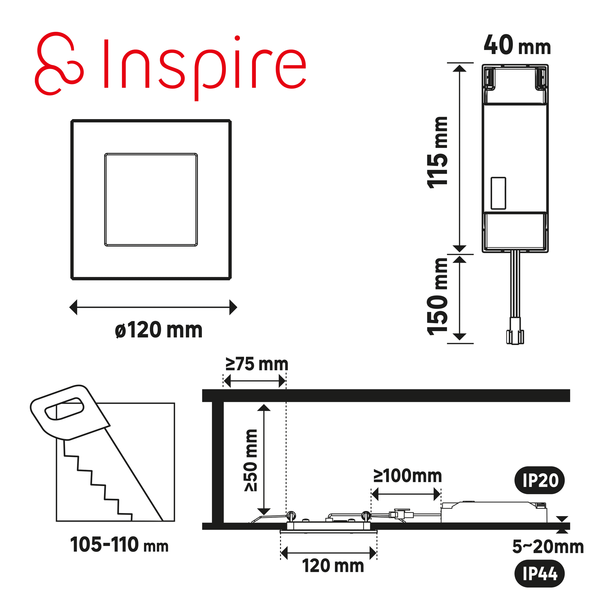 Extra-flat recessed spotlight, aluminium, white, 120 mm, LED, 1200 lm, dimmable, IP44