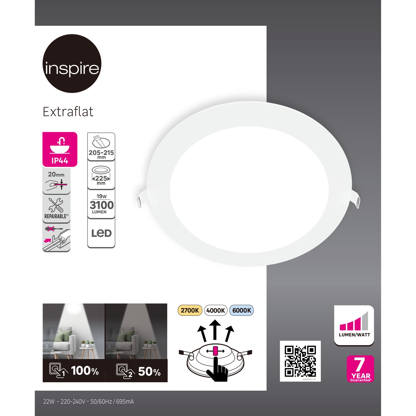 RECESSED SPOTLIGHT EXTRAFLAT L ALUMINUM WHITE 225MM LED 3100LM IP44
