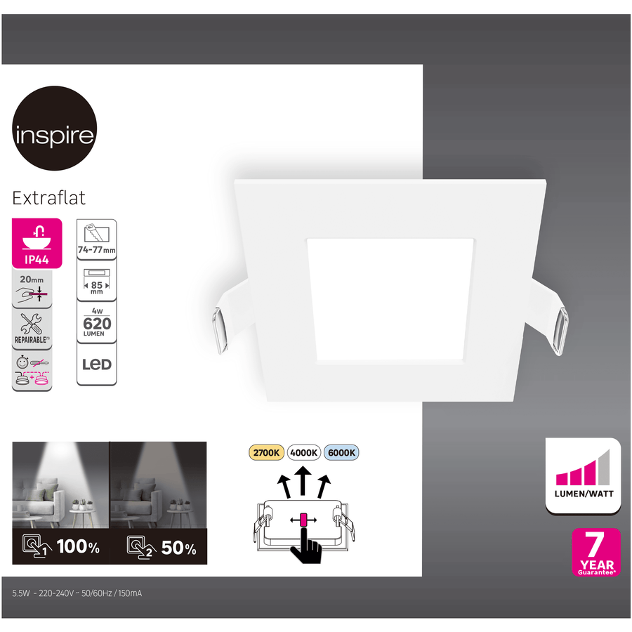 Faretto incasso extraflat xs alluminio bianco 8.5x8.5cm led 620lm dimmerabile ip44