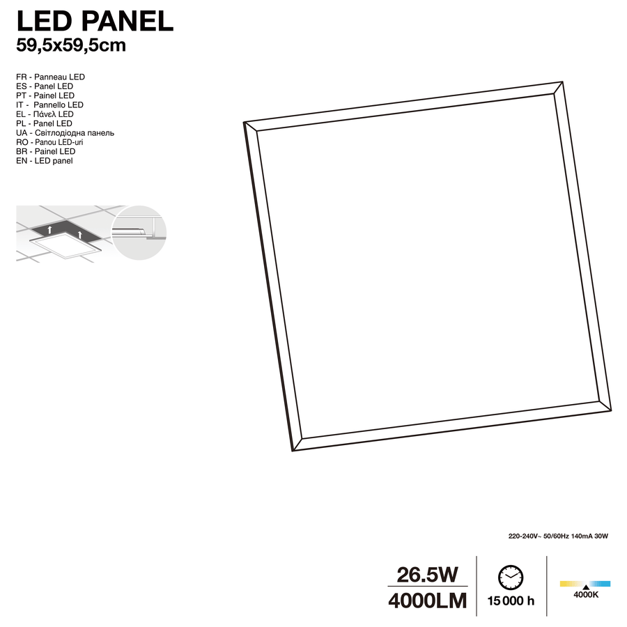 Pannello led metallo bianco 60x60cm 3800lm luce naturale ip20