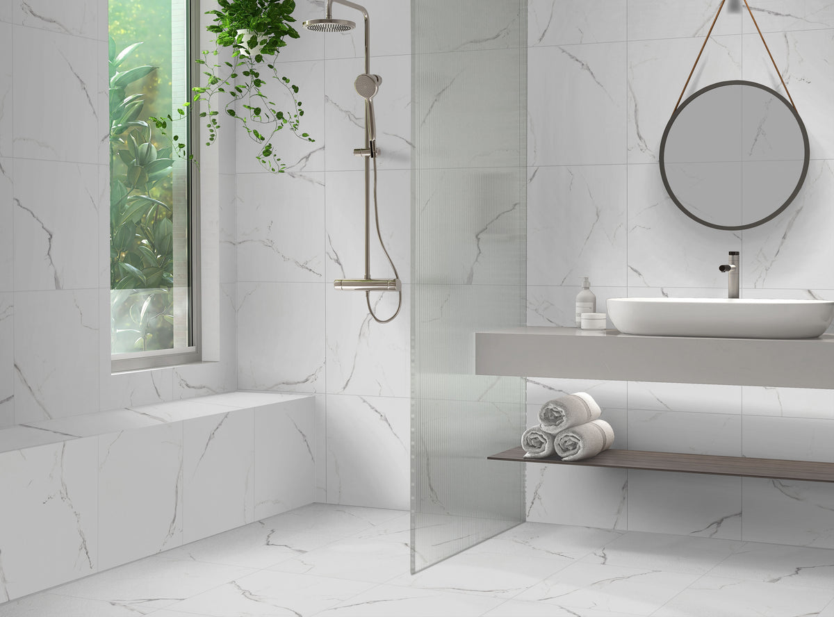 Carrara-style ceramic indoor floor tiles, 45x45, shiny grey, 8mm thick, 1.42 square metres