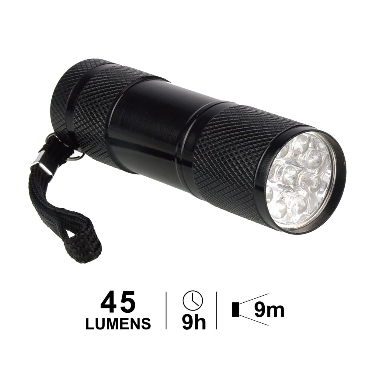 9 LED TORCH BLACK COLOUR 3 MINISTYL BATTERIES NOT INCLUDED 8H CHARGE