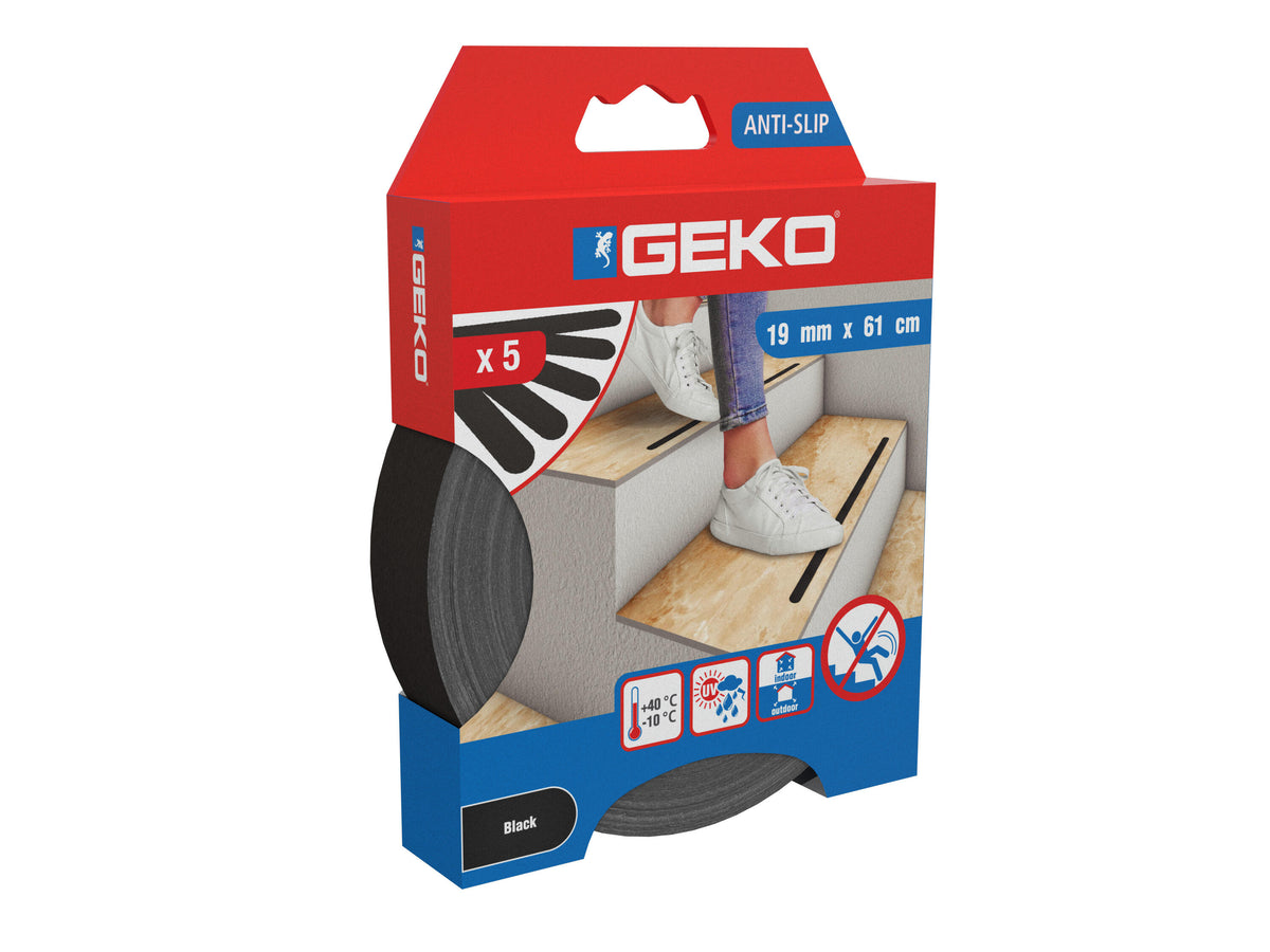 Black anti-slip adhesive tape, 5 strips measuring 19mm x 61cm, in a box