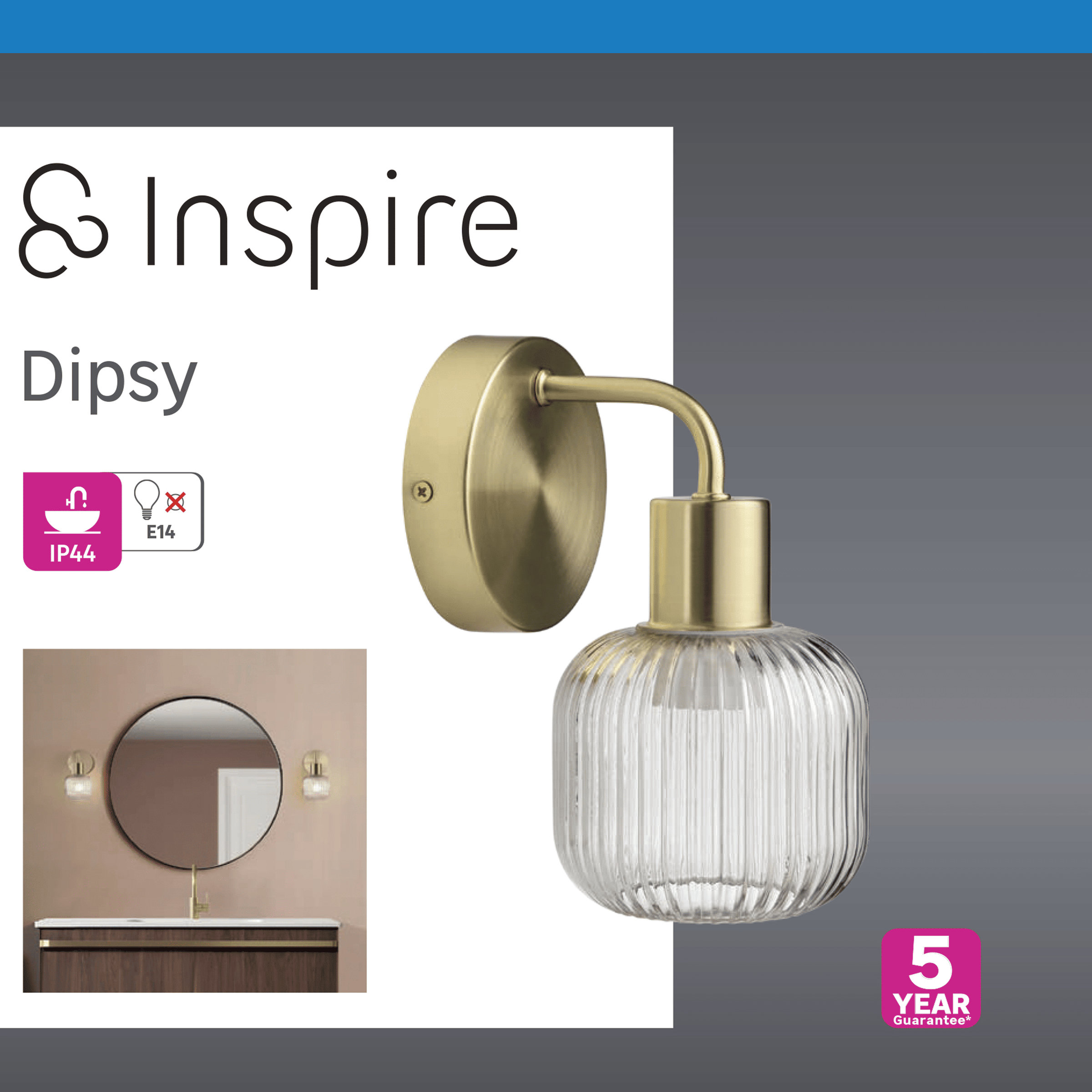 Dipsy wall light, glass and gold-coloured metal, E14 = 20W, IP44