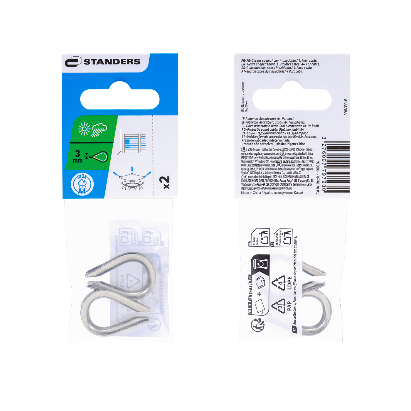 RAW STAINLESS STEEL STANDERS FOR CABLE D3 MM, 2 PIECES