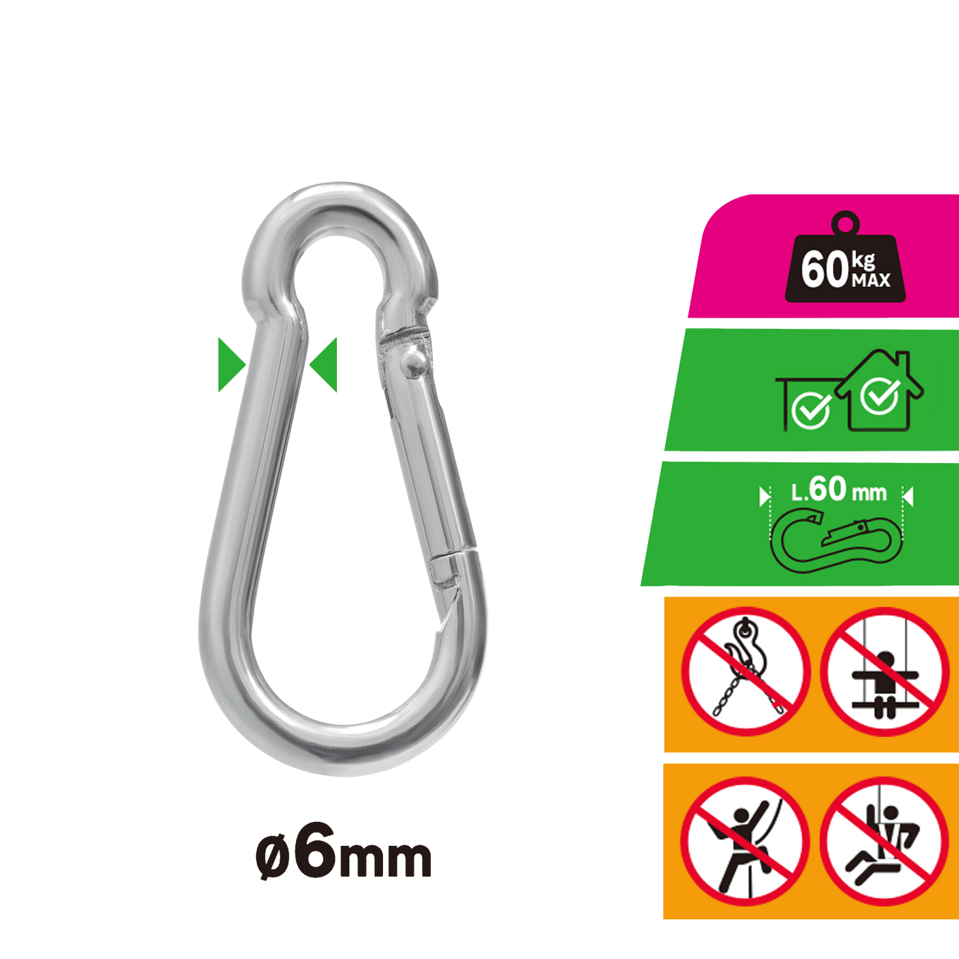 GALVANISED STEEL STANDERS CARABINER D 6 X 60 MM 60 KG