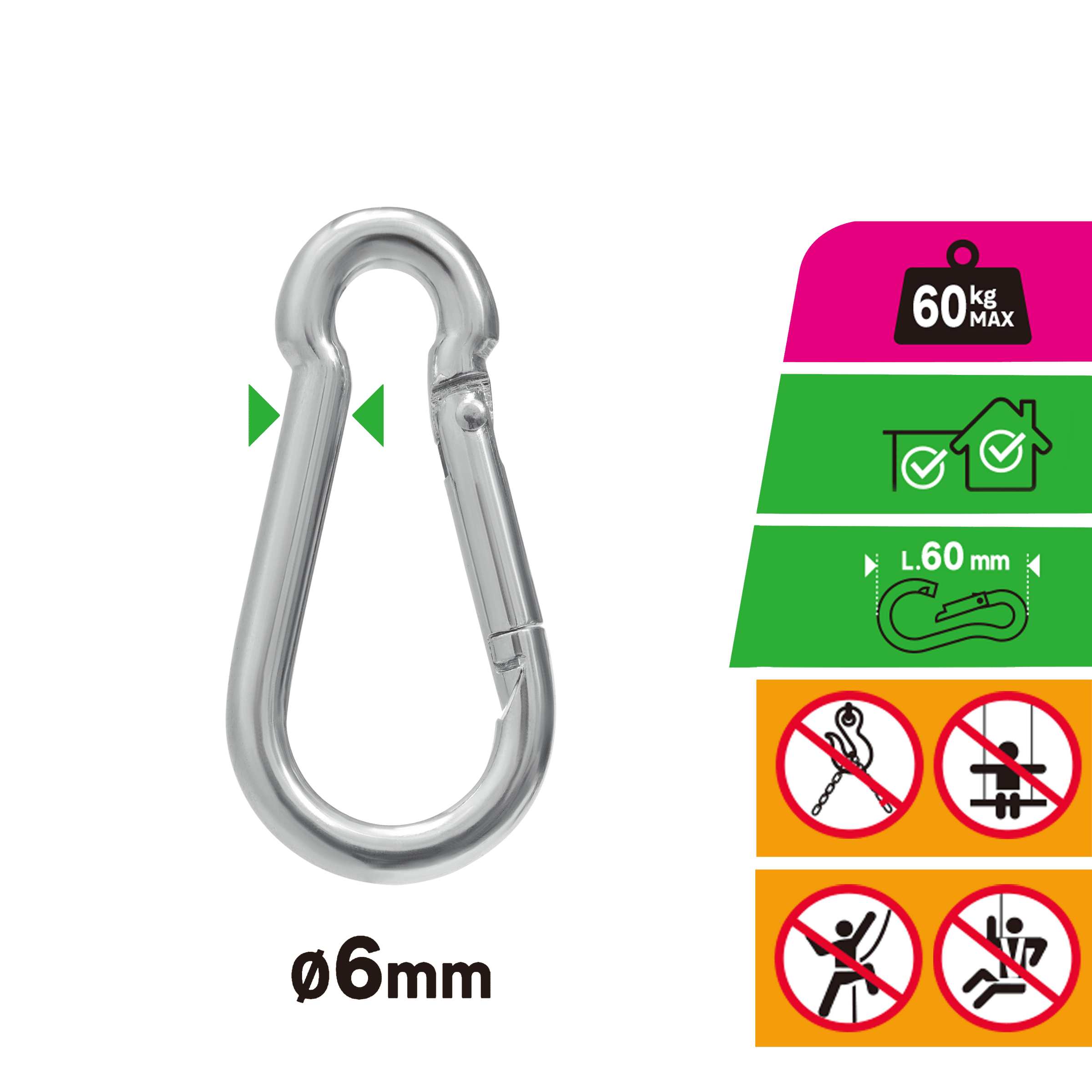 GALVANISED STEEL STANDERS CARABINER D 6 X 60 MM 60 KG