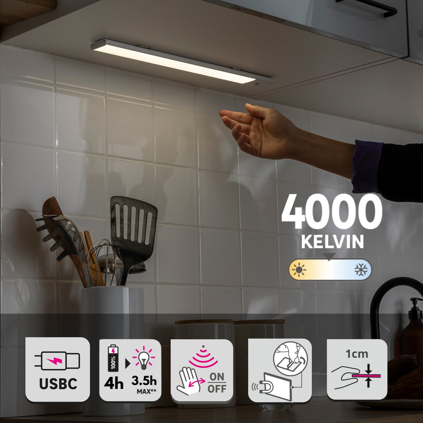 REGLETTE MAXO METAL WHITE 40CM LED 300LM NATURAL LIGHT WITH SENSOR