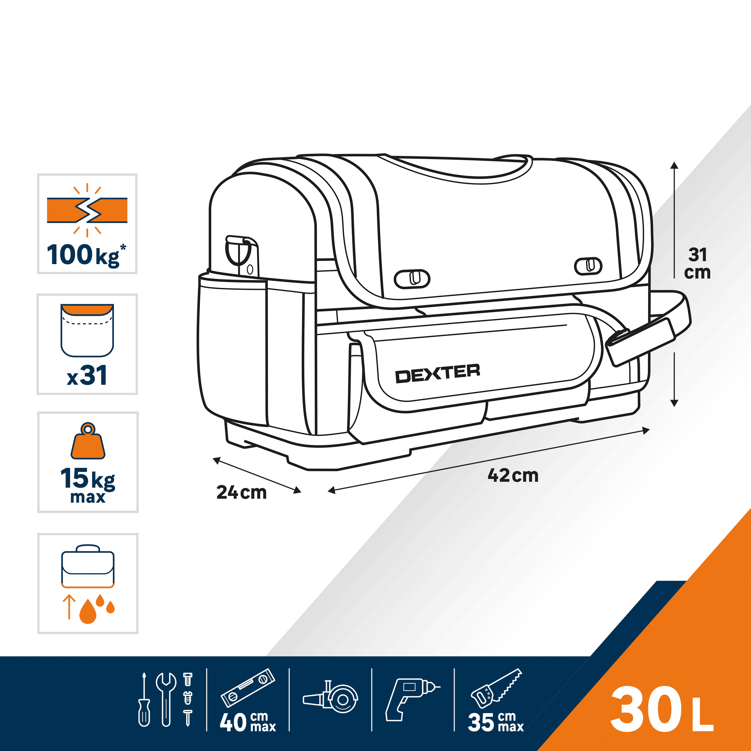 Dexter rigid tool bag with folding flap - 30L