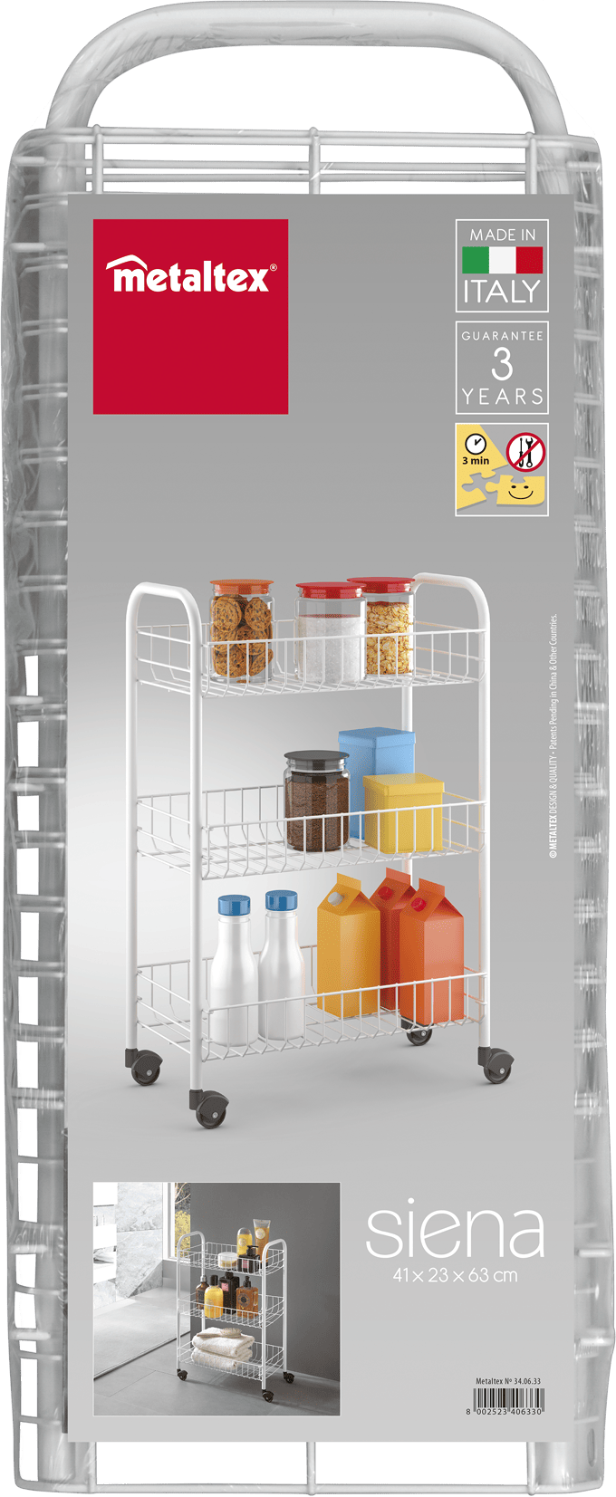 Carrello cucina siena con 3 cestelli l41xp23xh63cm in metallo colore bianco