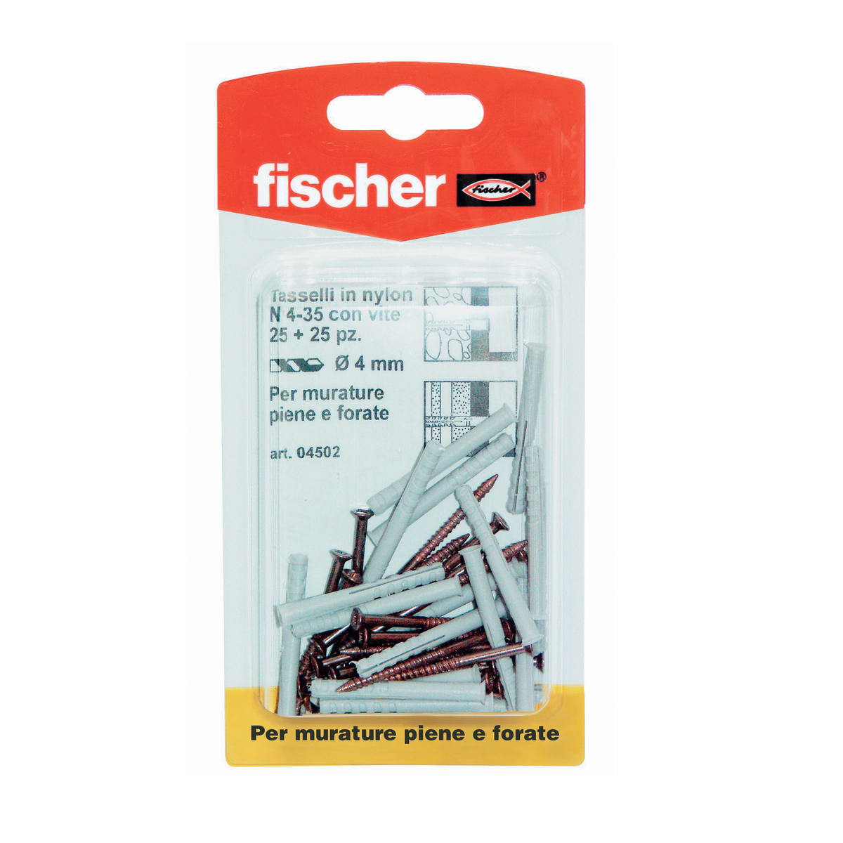 TASSELLI A BATTERE PROLUNGATI FISCHER DIAM 4 X 35 MM CON VITE, 25 PEZZI