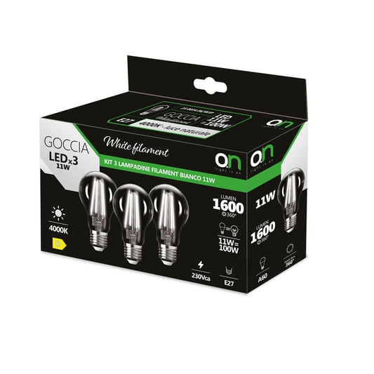 3 E27 LED bulbs = 100W, clear teardrop shape, natural light, white filament
