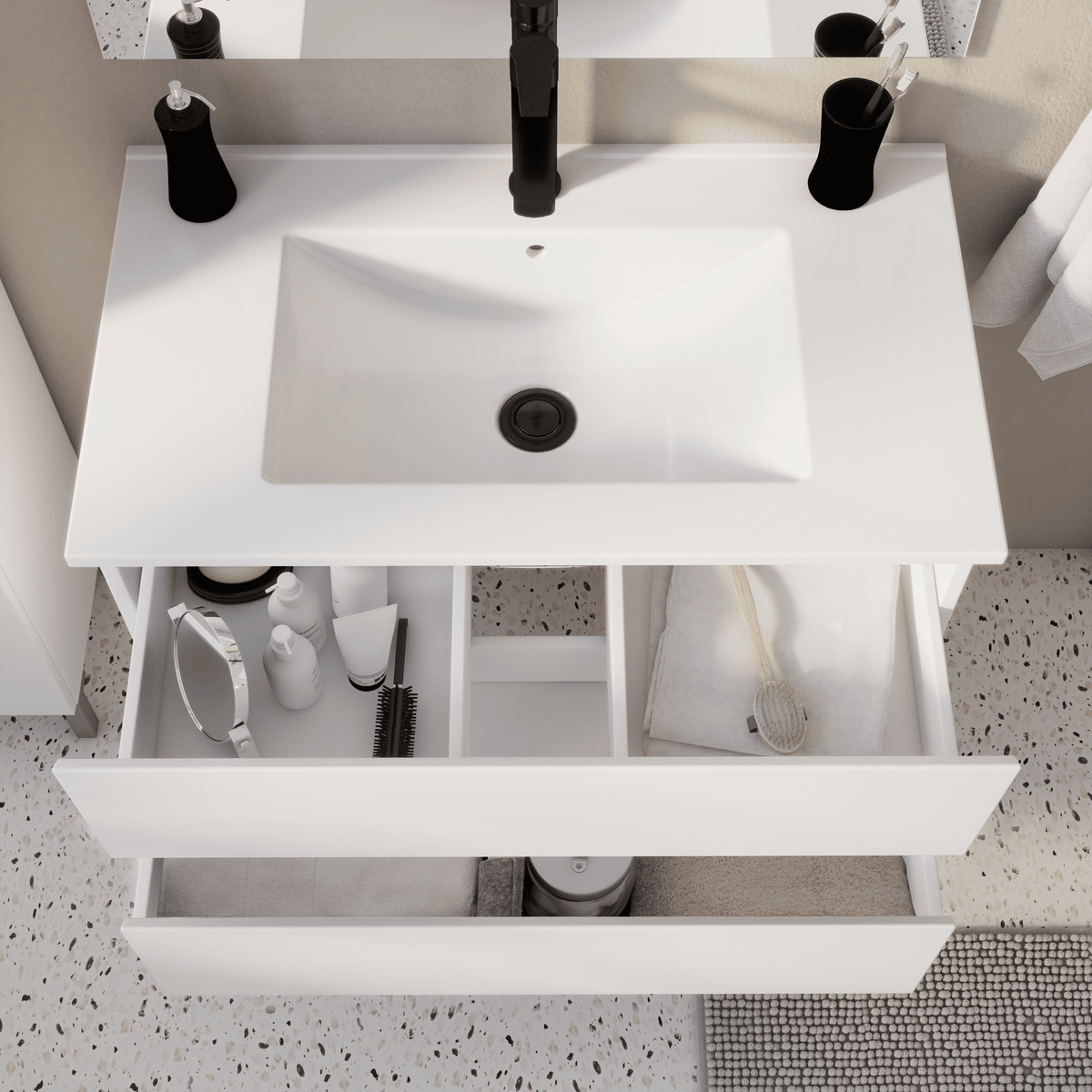 Essential matt white bathroom base unit with 2 drawers, W 80 x H 53 x D 45 cm