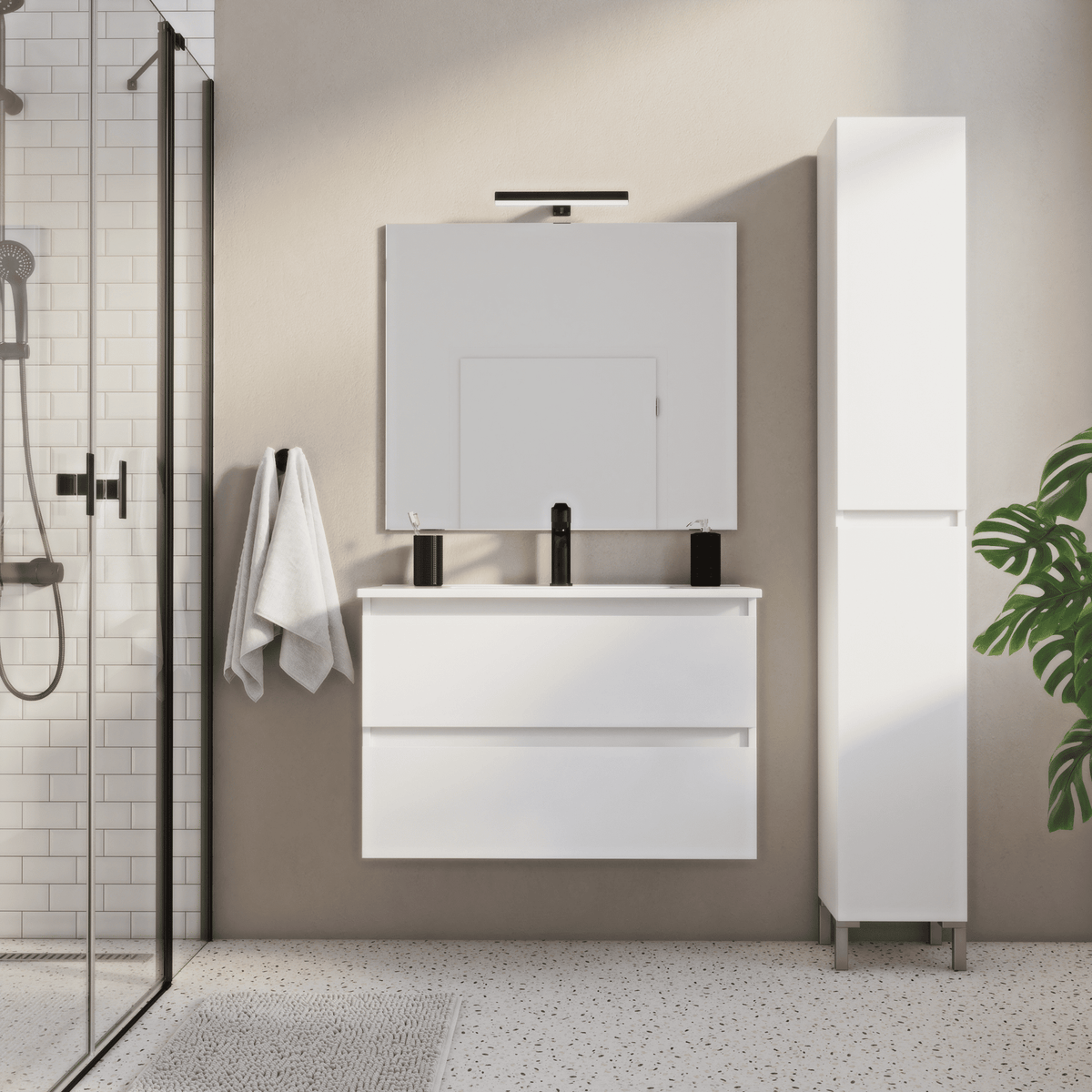 Essential matt white bathroom base unit with 2 drawers, W 80 x H 53 x D 45 cm
