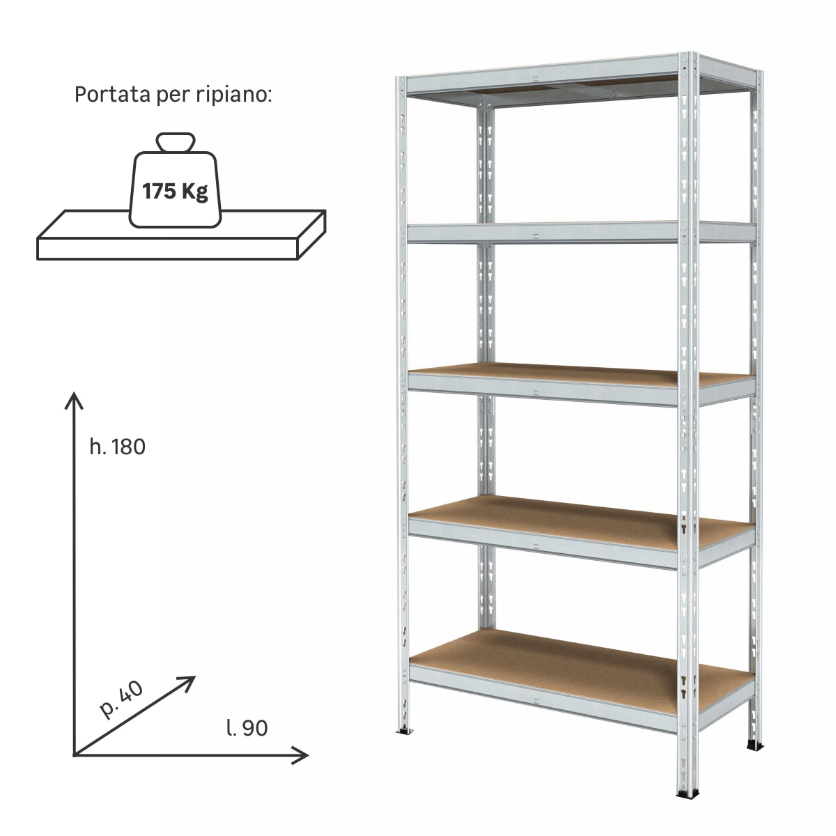 Metal and Wood Shelving L90XP40XH180CM, 175 KG, 5 Space Shelves