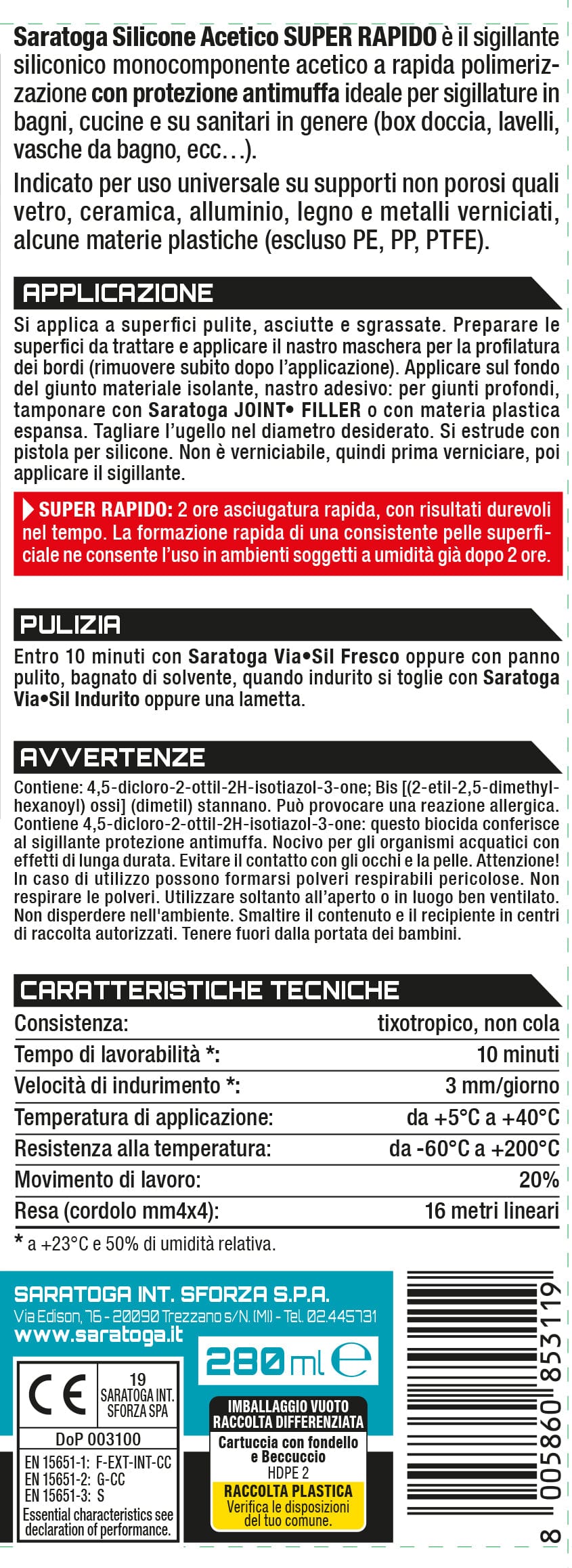 Bricocenter ACETIC SILICONE BATHROOMS AND KITCHENS WHITE 2 HOURS SARATOGA 280 ML