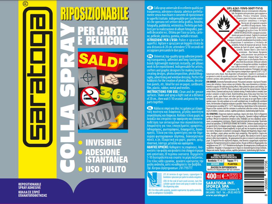 SARATOGA INVISIBLE REPOSITIONABLE SPRAY GLUE 400ML