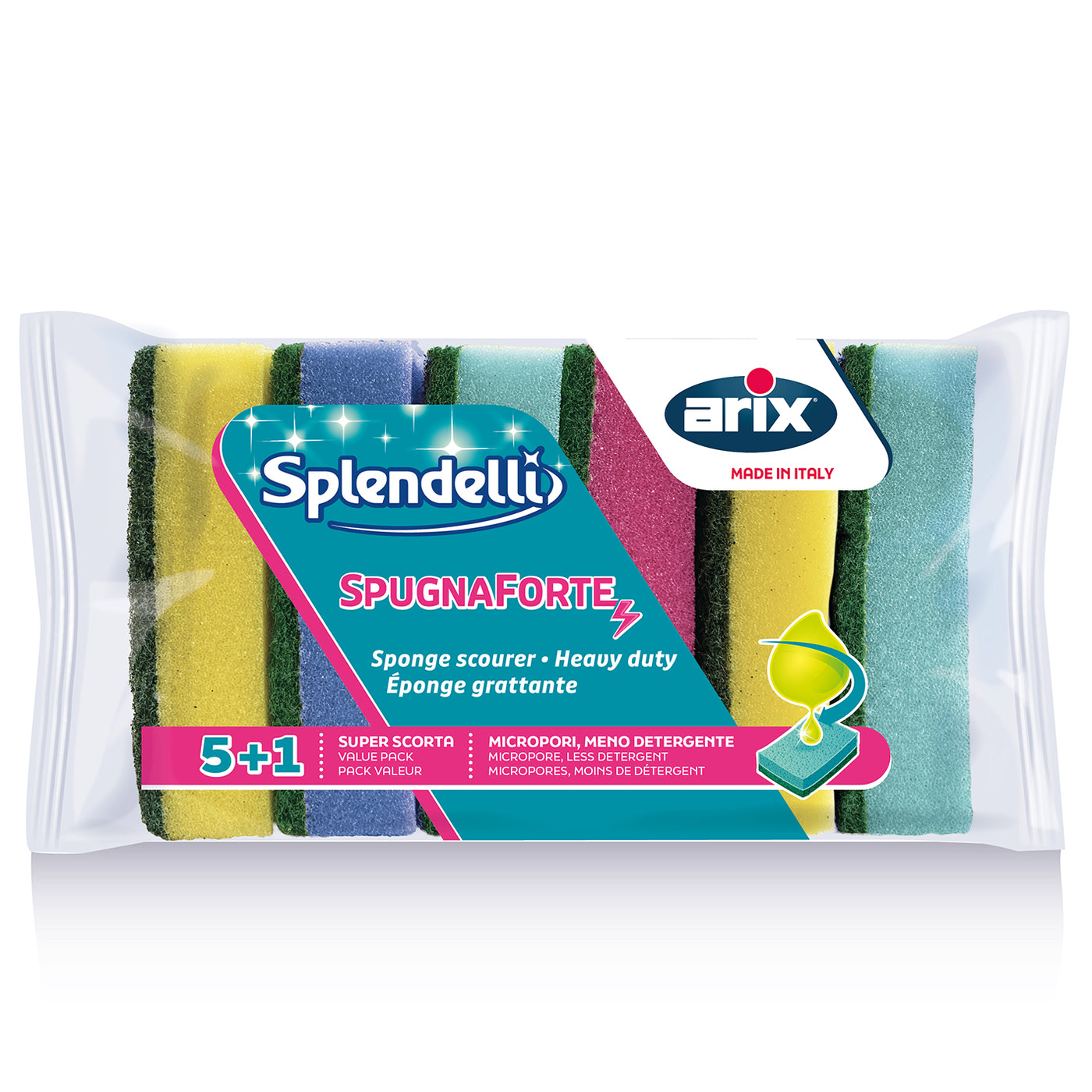 Abrasive sponges, 5+1, assorted colours