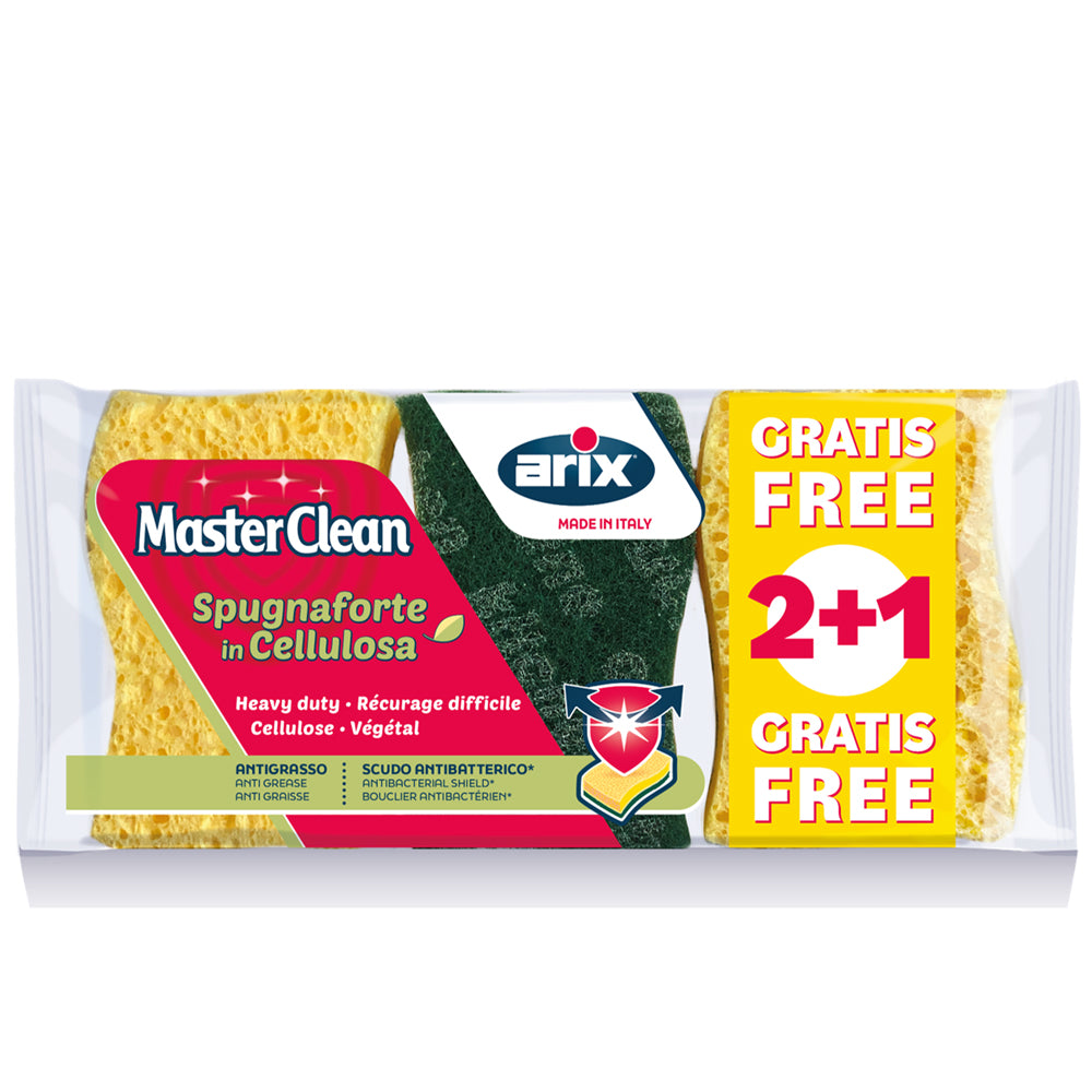2+1 ‘S’-shaped cellulose abrasive sponges with Master Clean antibacterial agent and anti-bacterial treatment