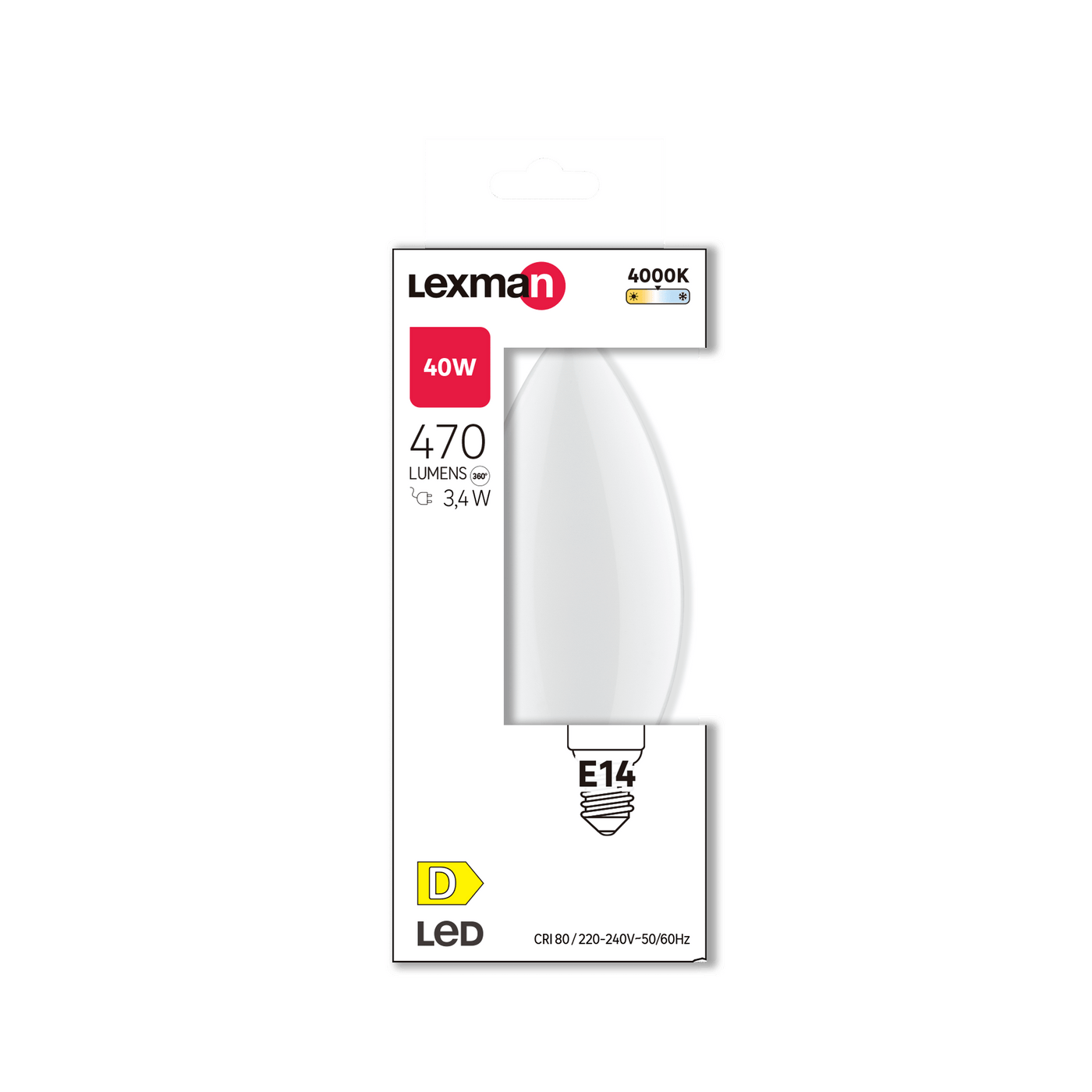 E14 LED bulb = 40W, frosted candle shape, natural light