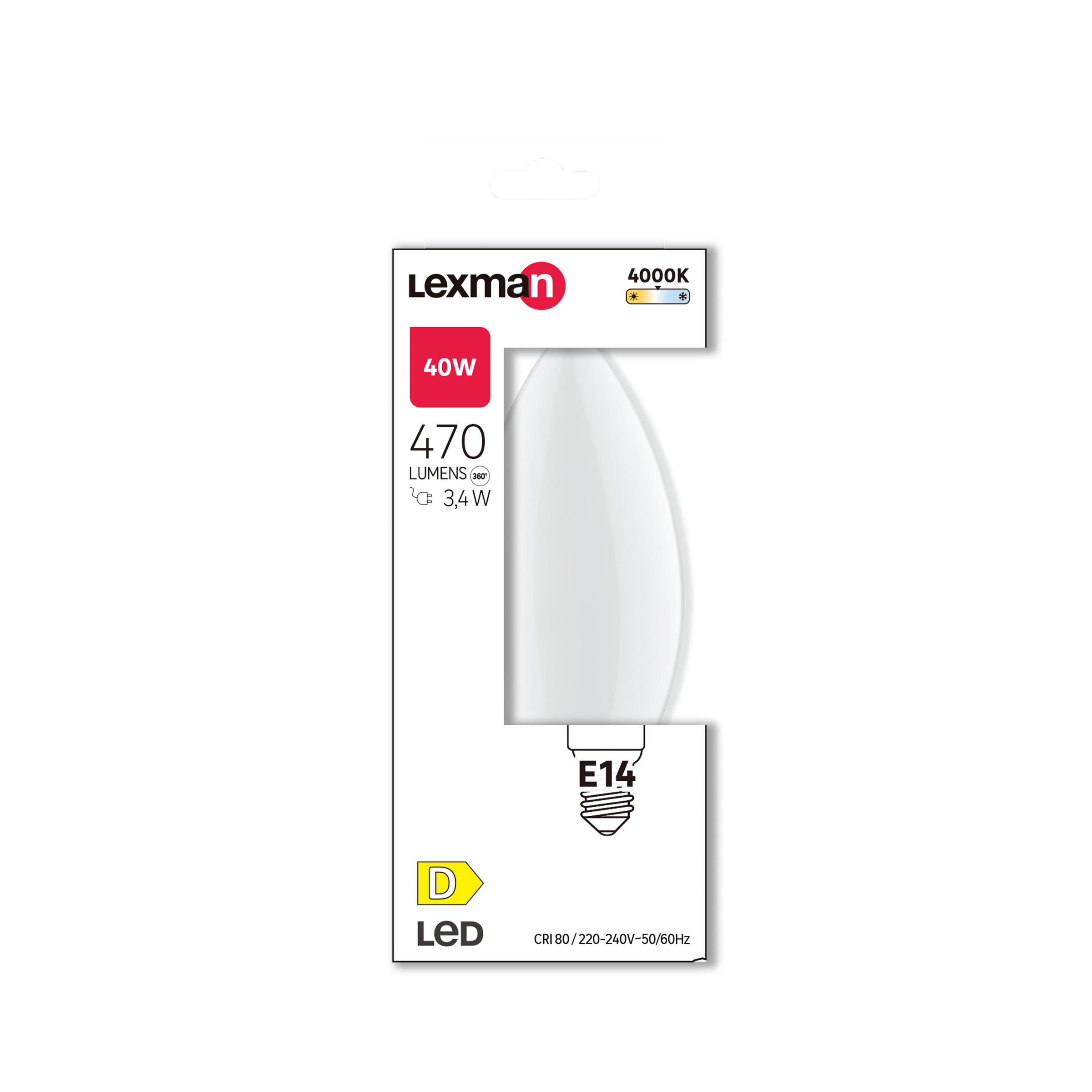 E14 LED bulb = 40W, frosted candle shape, natural light