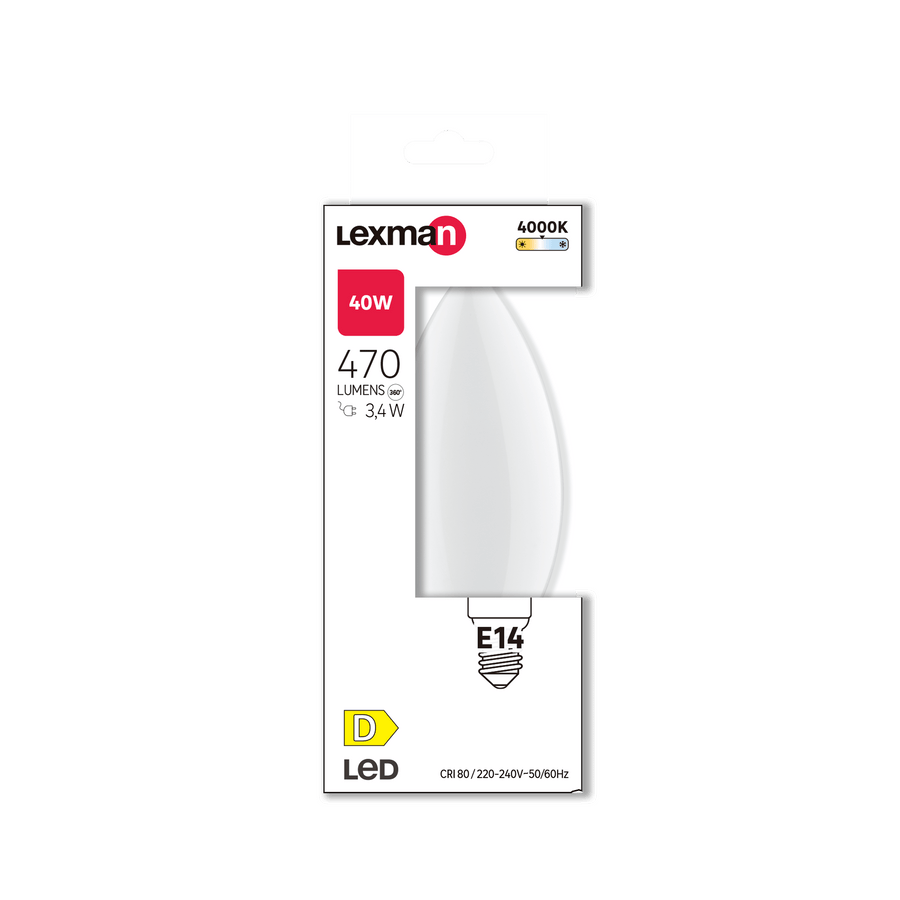 E14 LED bulb = 40W, frosted candle shape, natural light