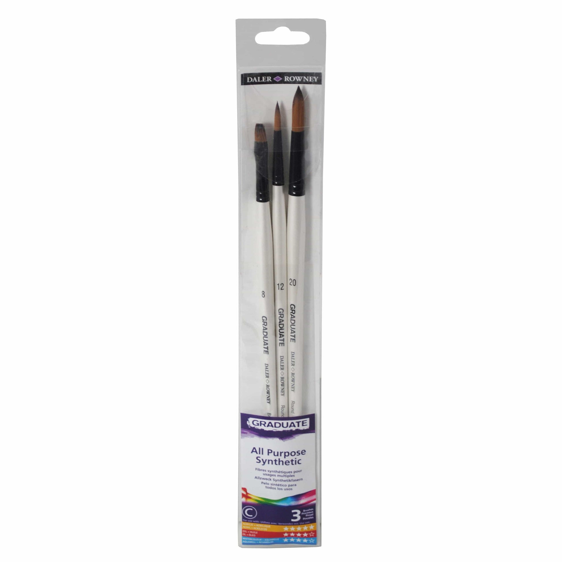 Bricocenter SET 3 SYNTHETIC BRUSHES FOR OIL AND ACRYLIC LONG ROUND HANDLE