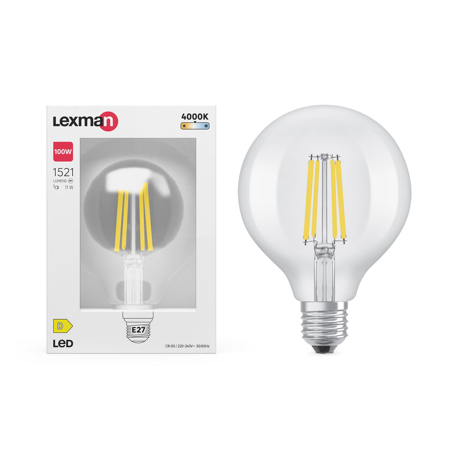 E27 LED bulb = 100W, large clear globe, natural light