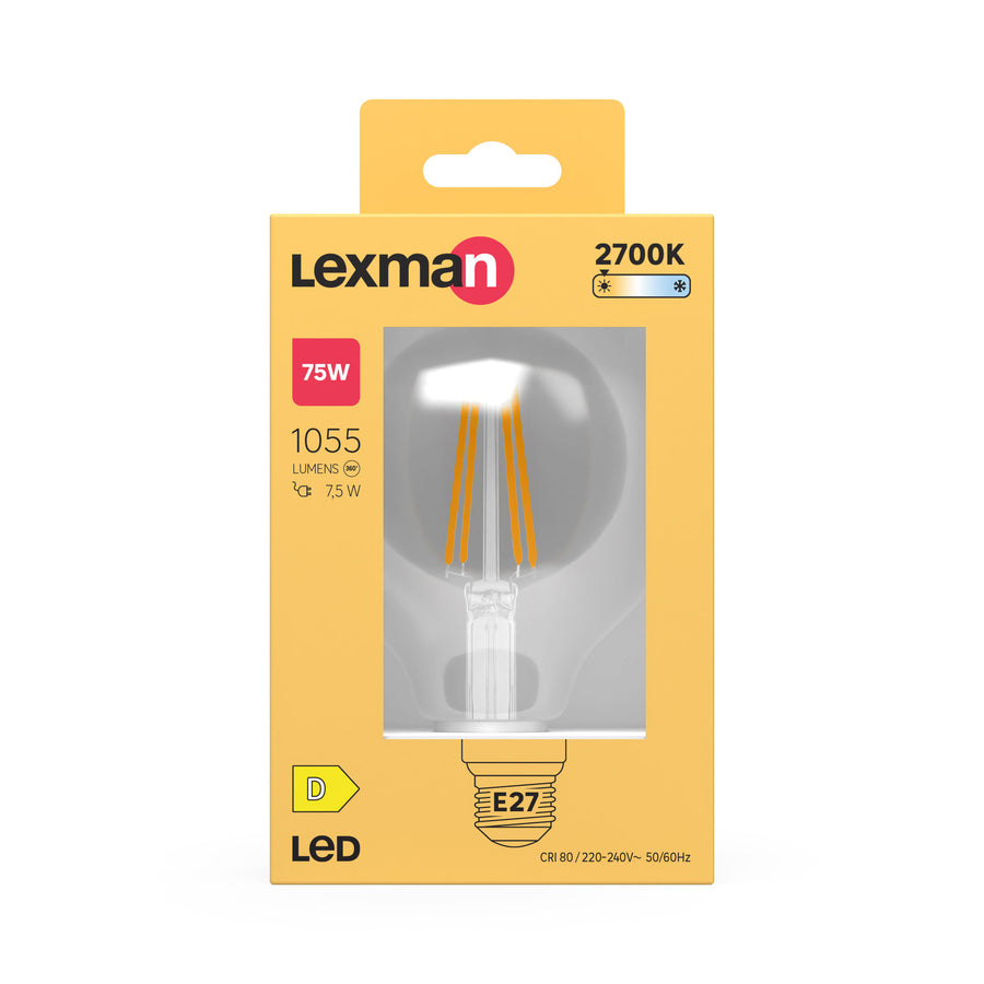 E27 LED bulb = 75W, small globe, clear, warm white