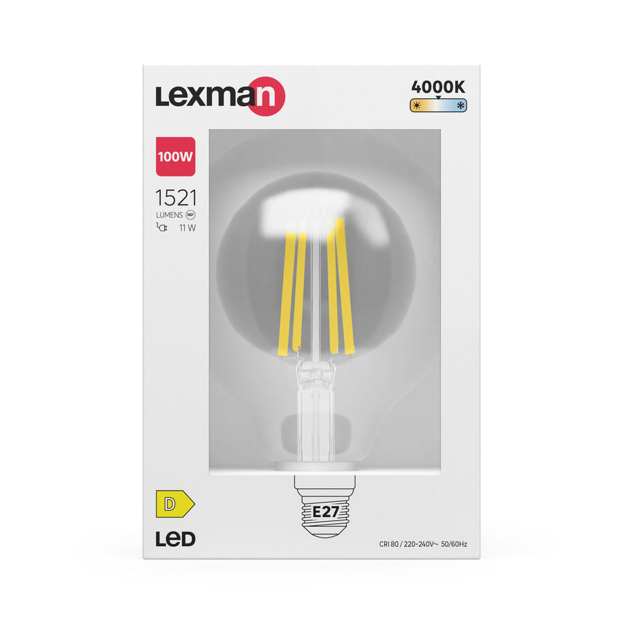 E27 LED bulb = 100W, large clear globe, natural light